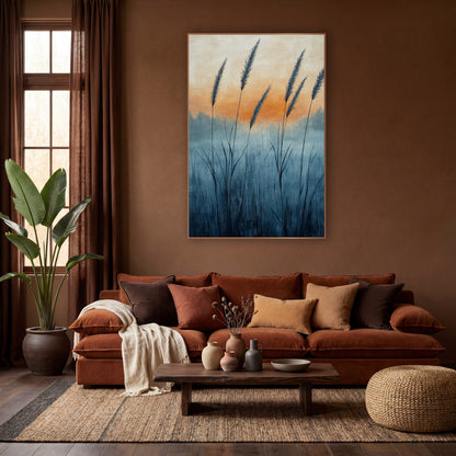 Misty Wild Grass Plumes Boho wall art in a warm boho-style room – tall wild grass seed heads in a misty blue meadow