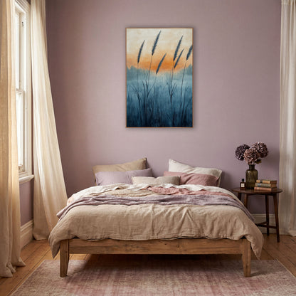Misty Wild Grass Plumes Boho wall art in a warm boho-style room – tall wild grass seed heads in a misty blue meadow