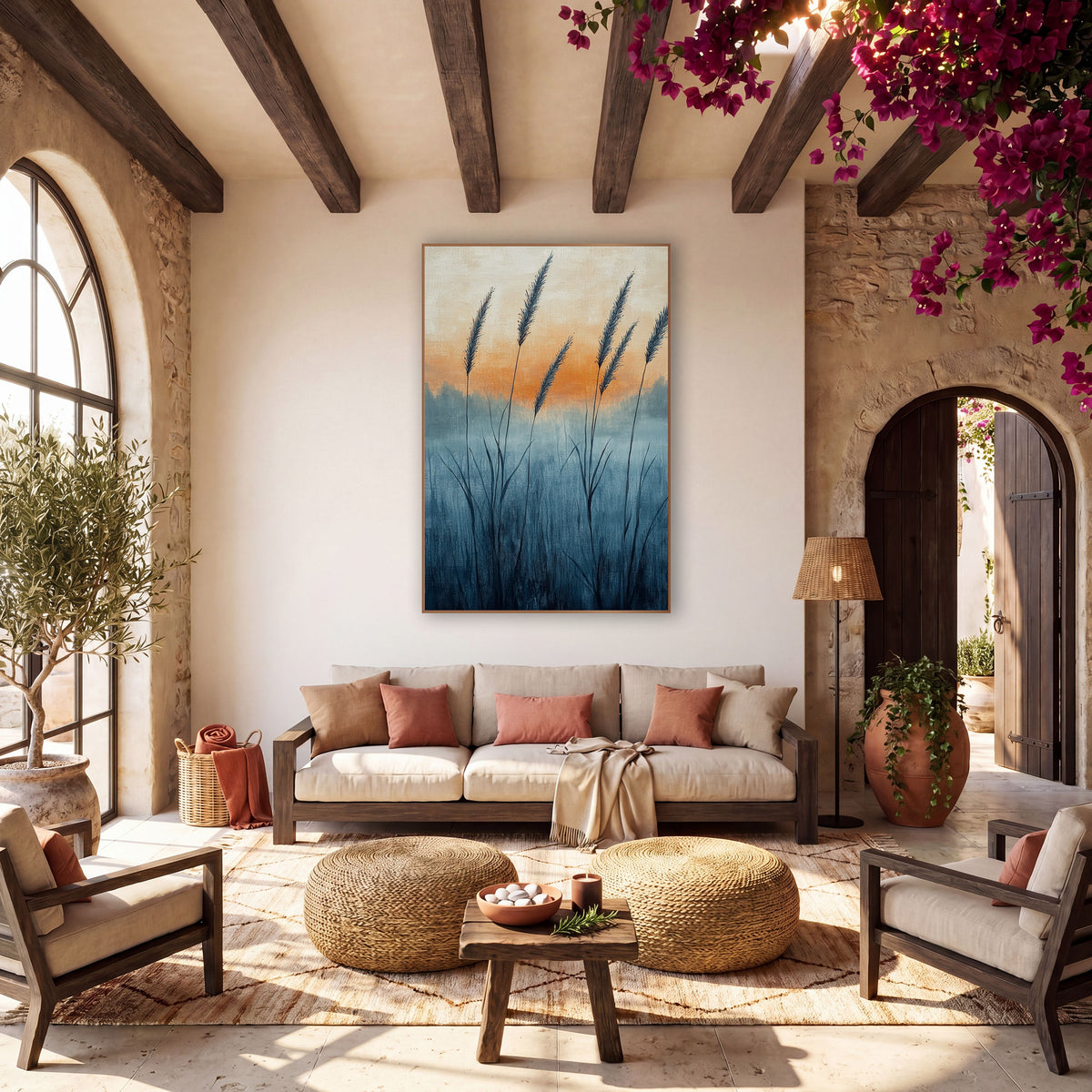 Misty Wild Grass Plumes Boho wall art in a warm boho-style room – tall wild grass seed heads in a misty blue meadow