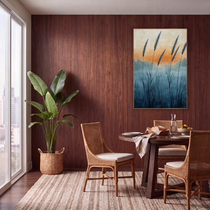 Misty Wild Grass Plumes Boho wall art in a warm boho-style room – tall wild grass seed heads in a misty blue meadow