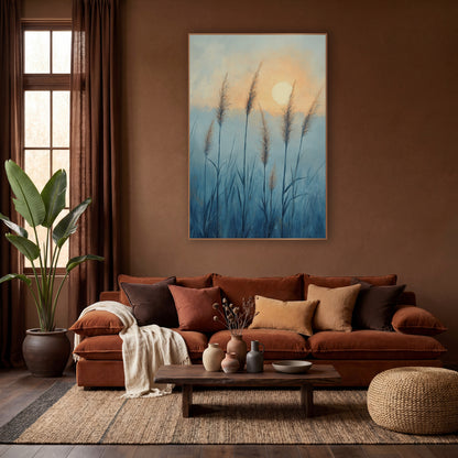Misty Blue Grass Plumes Boho wall art in a warm boho-style room – tall feathery grass plumes in a misty blue field