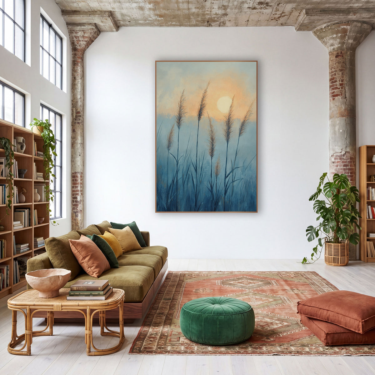 Misty Blue Grass Plumes Boho wall art in a warm boho-style room – tall feathery grass plumes in a misty blue field