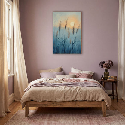 Misty Blue Grass Plumes Boho wall art in a warm boho-style room – tall feathery grass plumes in a misty blue field