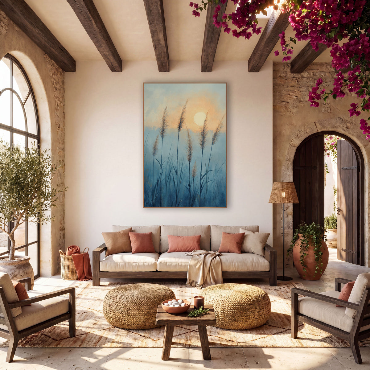 Misty Blue Grass Plumes Boho wall art in a warm boho-style room – tall feathery grass plumes in a misty blue field