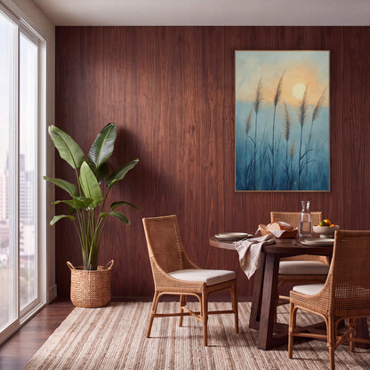 Misty Blue Grass Plumes Boho wall art in a warm boho-style room – tall feathery grass plumes in a misty blue field