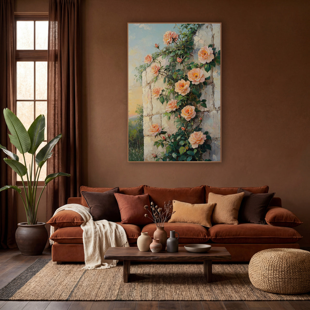 Sunset Peach Roses Crumbling Stone wall art in a warm boho-style room – peach roses with dark green leaves climbing