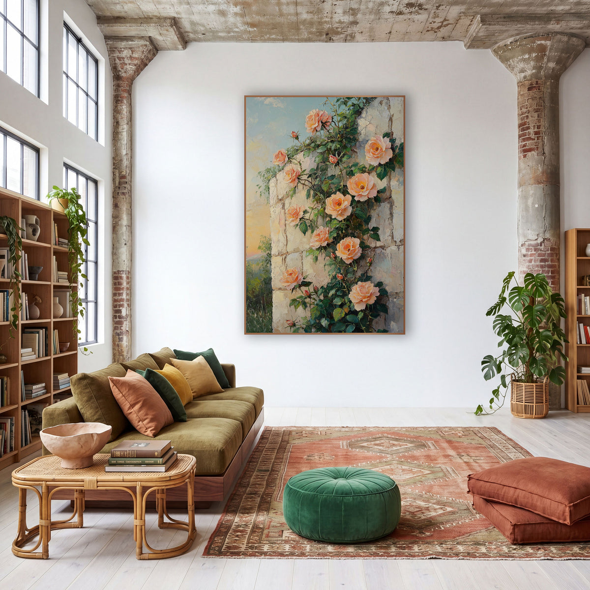 Sunset Peach Roses Crumbling Stone wall art in a warm boho-style room – peach roses with dark green leaves climbing
