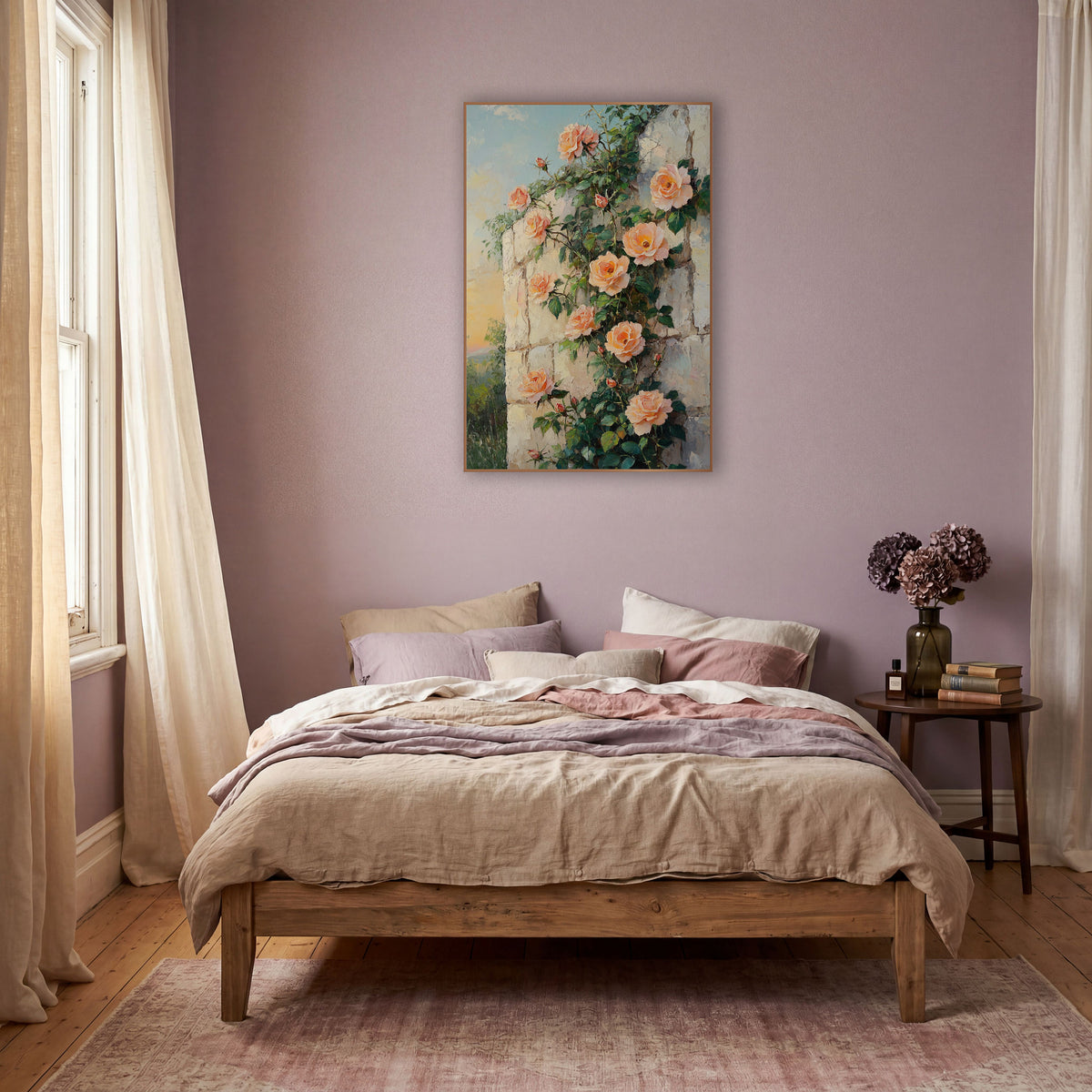 Sunset Peach Roses Crumbling Stone wall art in a warm boho-style room – peach roses with dark green leaves climbing