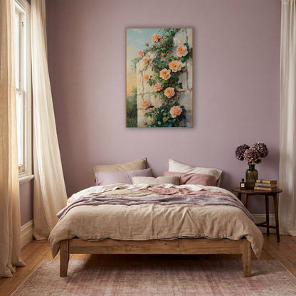 Sunset Peach Roses Crumbling Stone wall art in a warm boho-style room – peach roses with dark green leaves climbing