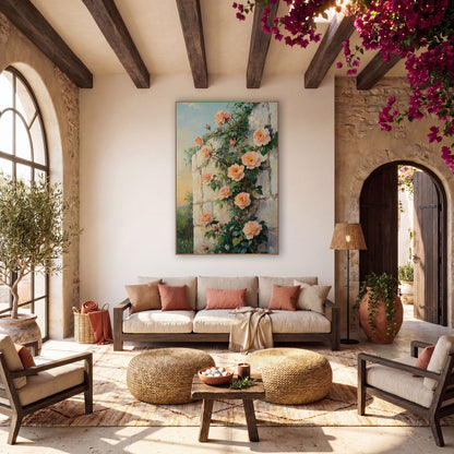Sunset Peach Roses Crumbling Stone wall art in a warm boho-style room – peach roses with dark green leaves climbing