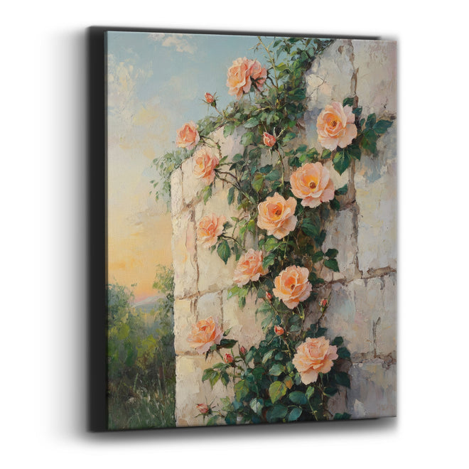Sunset Peach Roses Crumbling Stone Canvas Wall Art