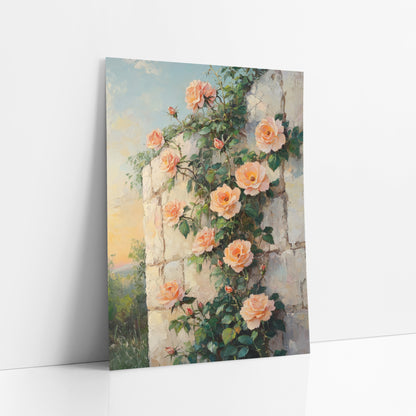 Sunset Peach Roses Crumbling Stone art print leaning against a white wall – peach roses with dark green leaves climbing