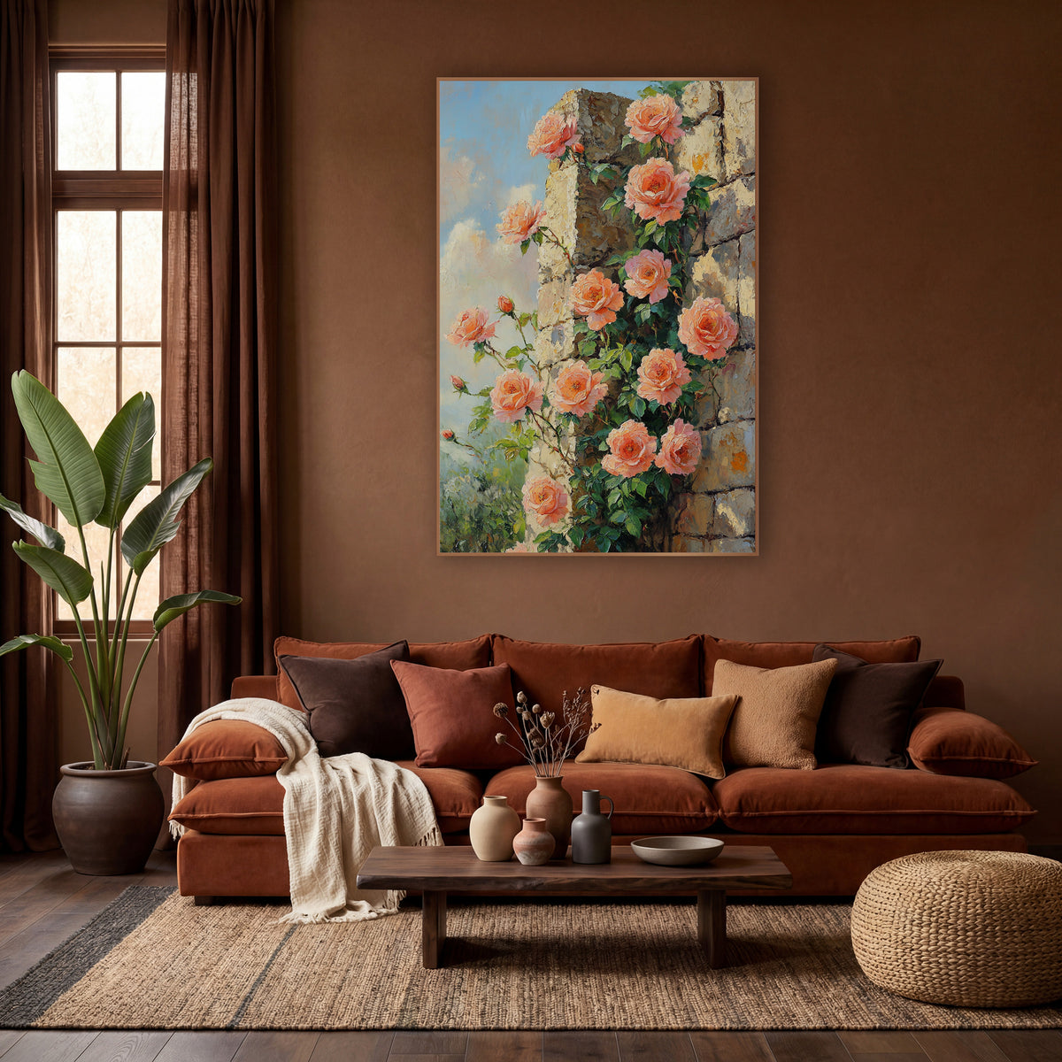 Peach Roses Stone Wall Boho wall art in a warm boho-style room – peach and coral roses with green leaves climbing