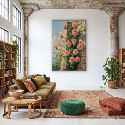 Peach Roses Stone Wall Boho wall art in a warm boho-style room – peach and coral roses with green leaves climbing
