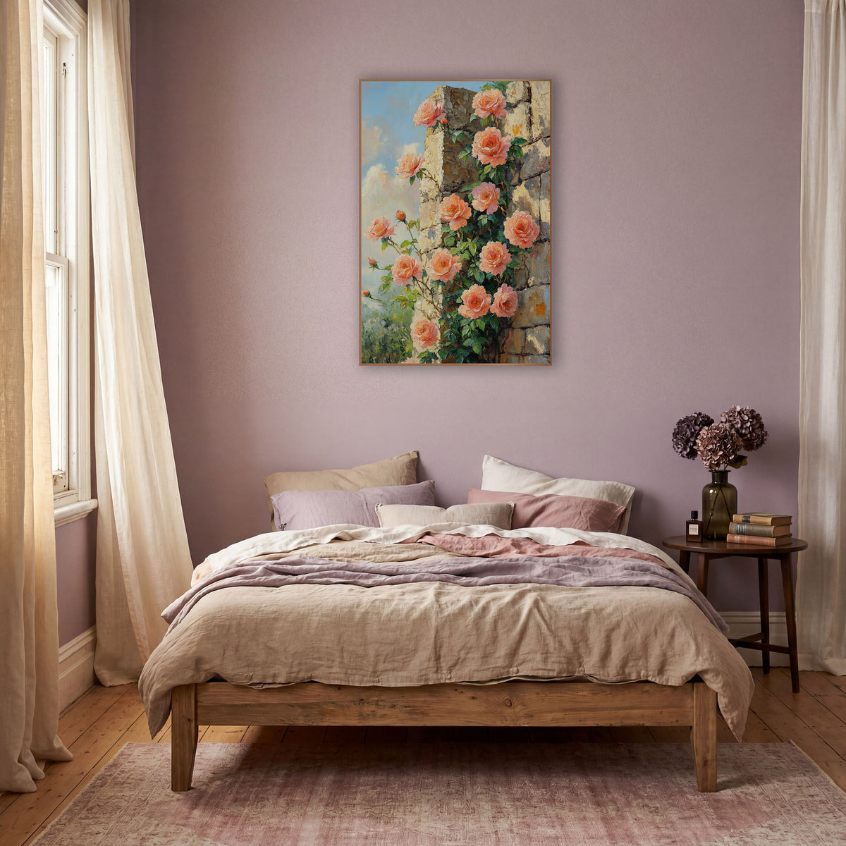 Peach Roses Stone Wall Boho wall art in a warm boho-style room – peach and coral roses with green leaves climbing