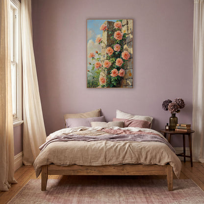 Peach Roses Stone Wall Boho wall art in a warm boho-style room – peach and coral roses with green leaves climbing