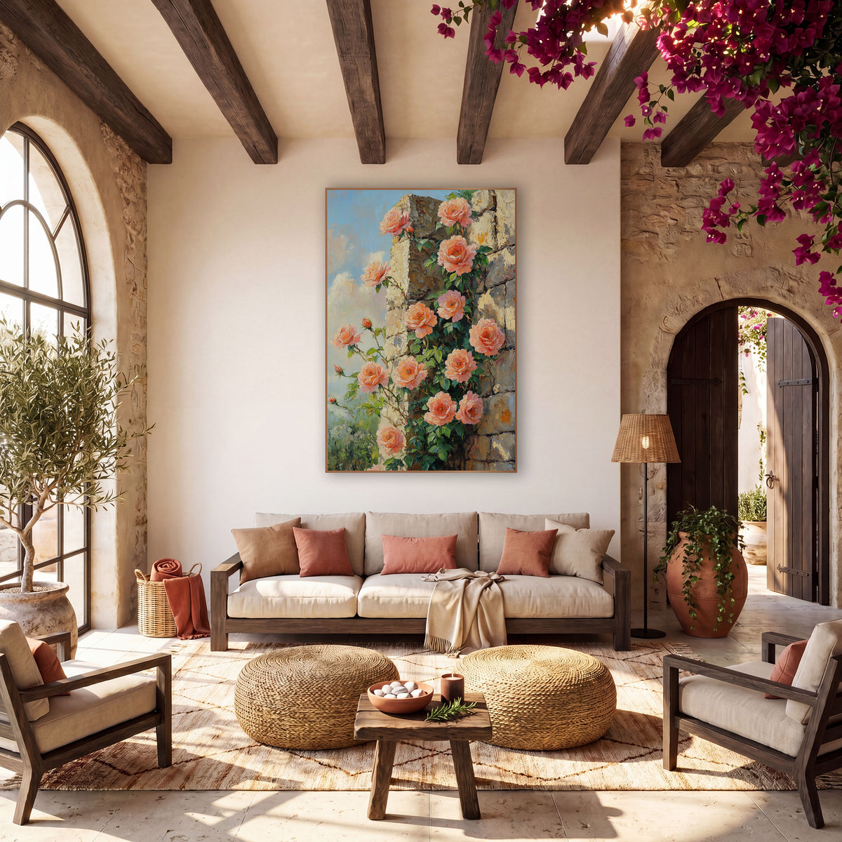 Peach Roses Stone Wall Boho wall art in a warm boho-style room – peach and coral roses with green leaves climbing