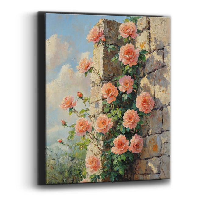 Peach Roses Stone Wall Boho Canvas Wall Art