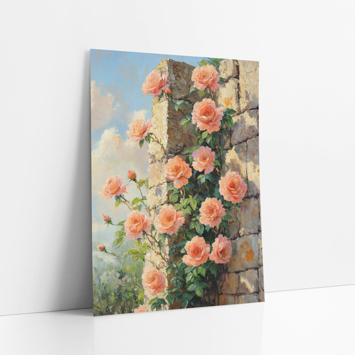Peach Roses Stone Wall Boho art print leaning against a white wall – peach and coral roses with green leaves climbing a cream