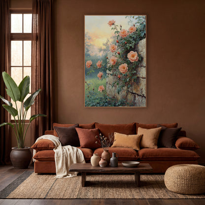 Misty Meadow Roses Mossy Stone wall art in a warm boho-style room – peach roses climbing a rough cream stone wall