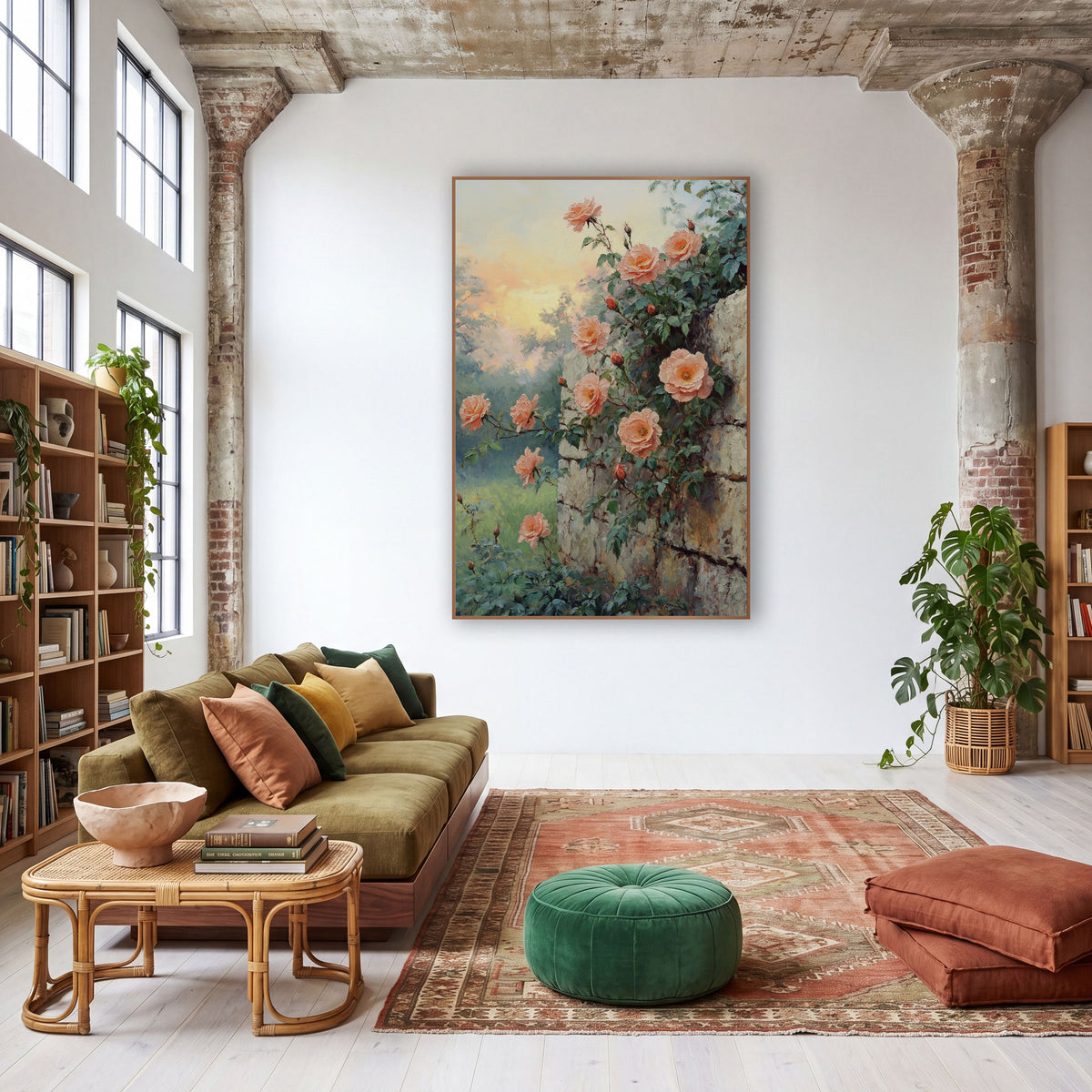 Misty Meadow Roses Mossy Stone wall art in a warm boho-style room – peach roses climbing a rough cream stone wall