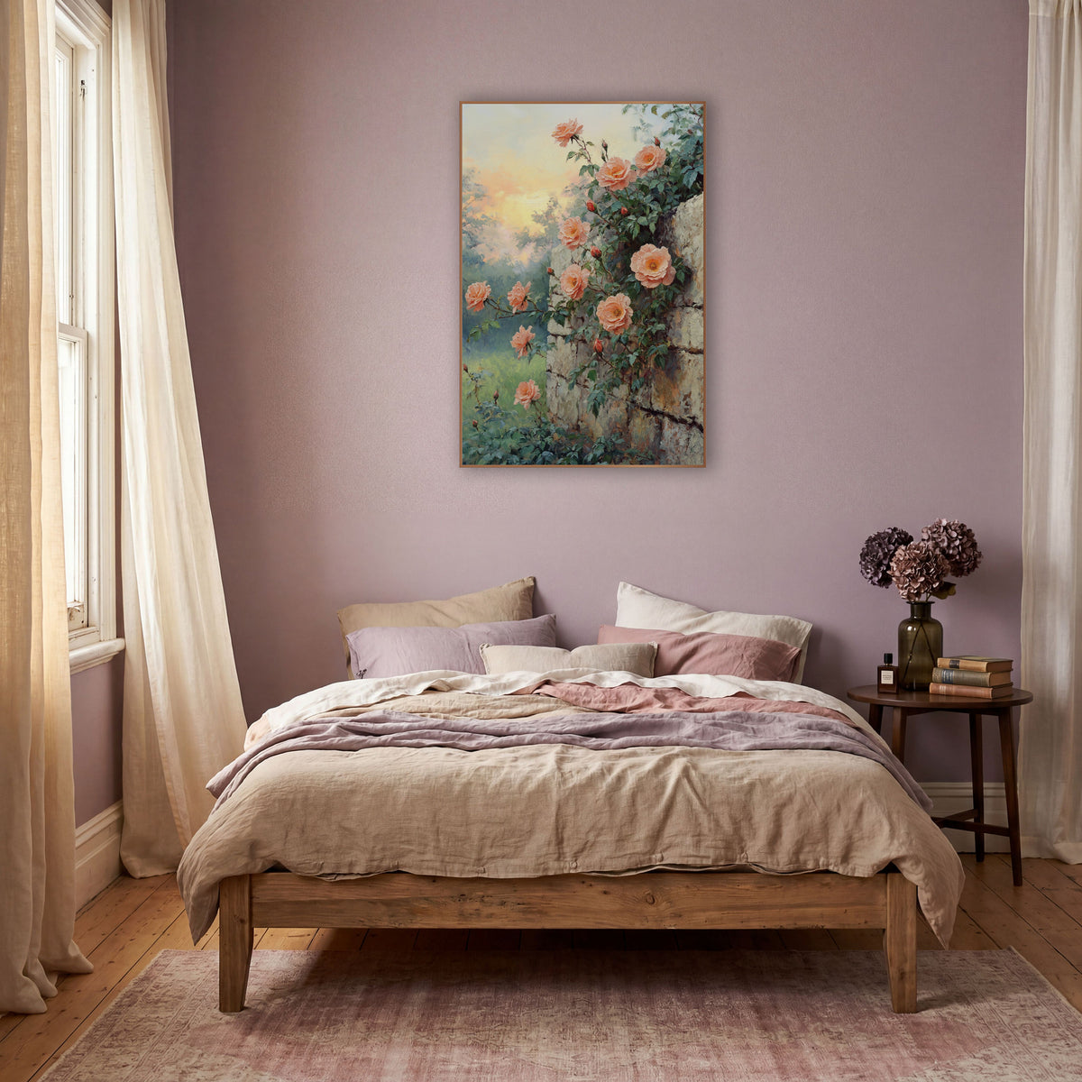 Misty Meadow Roses Mossy Stone wall art in a warm boho-style room – peach roses climbing a rough cream stone wall