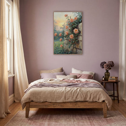 Misty Meadow Roses Mossy Stone wall art in a warm boho-style room – peach roses climbing a rough cream stone wall