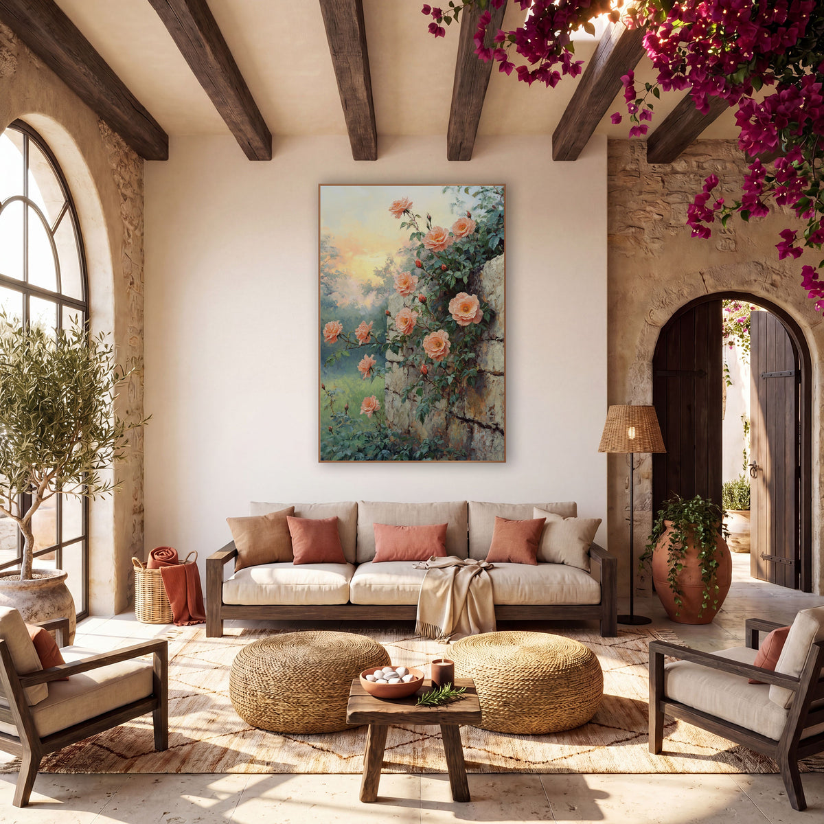 Misty Meadow Roses Mossy Stone wall art in a warm boho-style room – peach roses climbing a rough cream stone wall