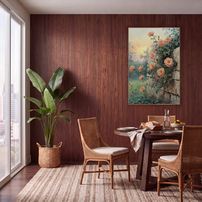 Misty Meadow Roses Mossy Stone wall art in a warm boho-style room – peach roses climbing a rough cream stone wall