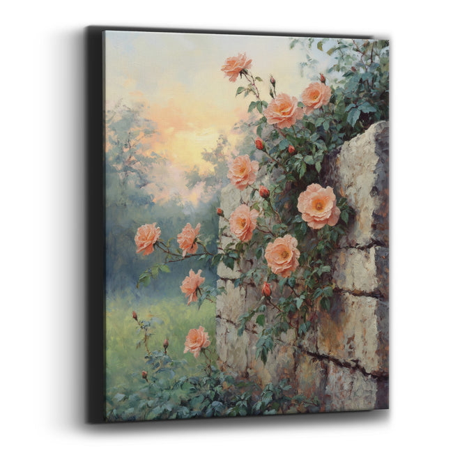 Misty Meadow Roses Mossy Stone Canvas Wall Art