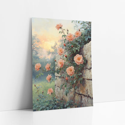 Misty Meadow Roses Mossy Stone art print leaning against a white wall – peach roses climbing a rough cream stone wall