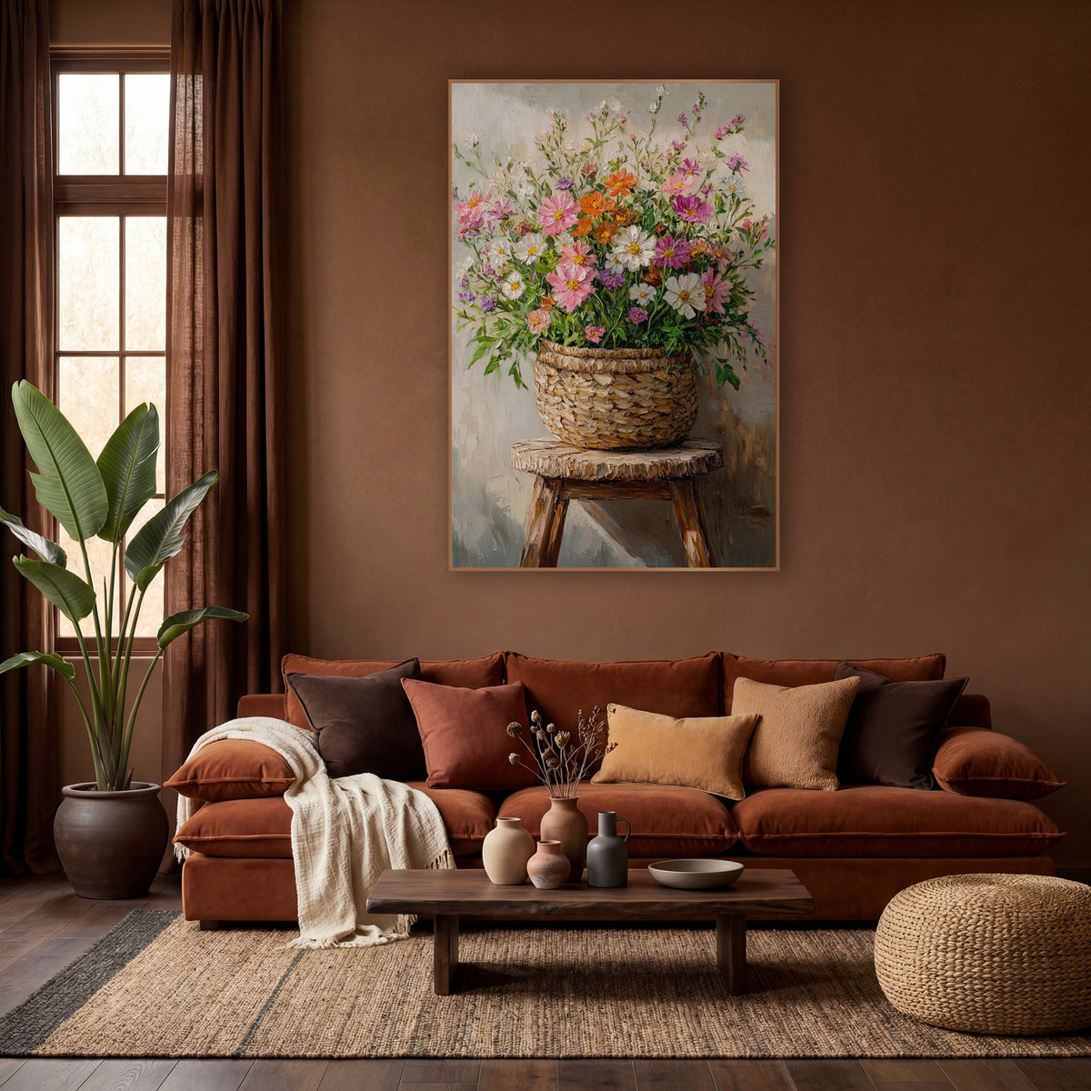 Wildflower Basket Stool Boho wall art in a warm boho-style room – pink, white and orange wildflowers in a woven basket