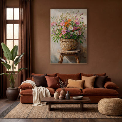 Wildflower Basket Stool Boho wall art in a warm boho-style room – pink, white and orange wildflowers in a woven basket