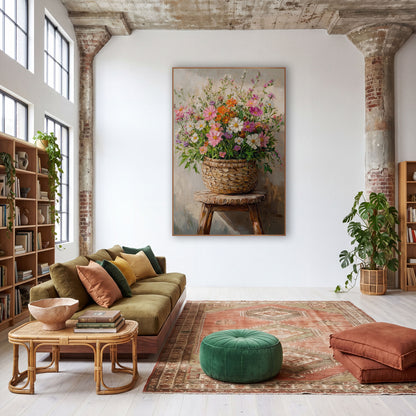 Wildflower Basket Stool Boho wall art in a warm boho-style room – pink, white and orange wildflowers in a woven basket