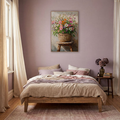 Wildflower Basket Stool Boho wall art in a warm boho-style room – pink, white and orange wildflowers in a woven basket