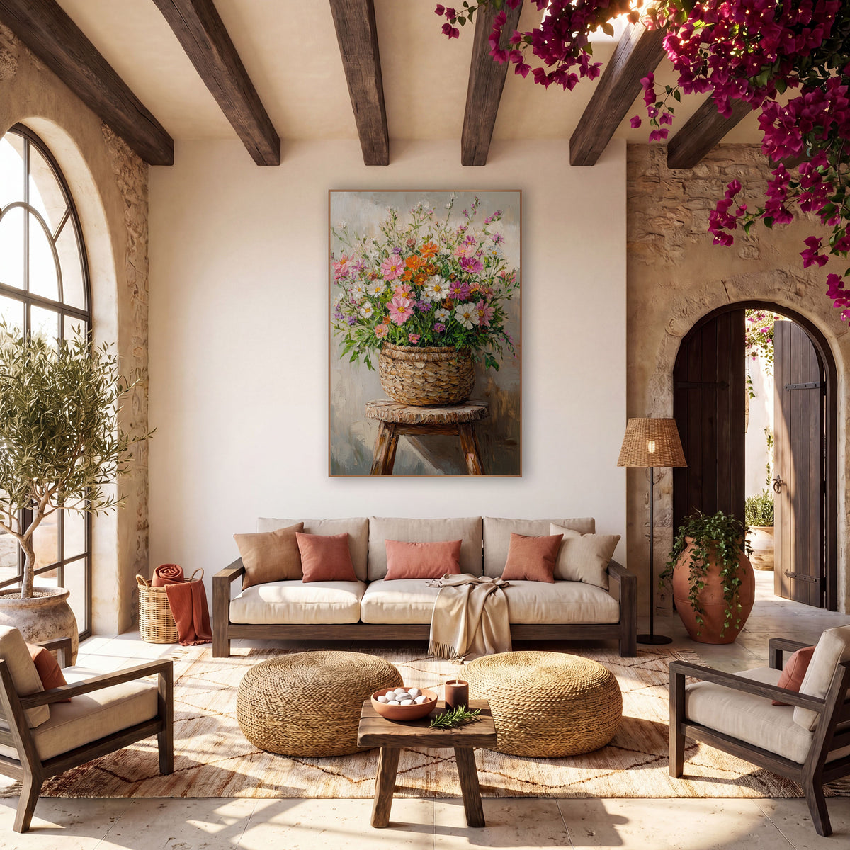 Wildflower Basket Stool Boho wall art in a warm boho-style room – pink, white and orange wildflowers in a woven basket