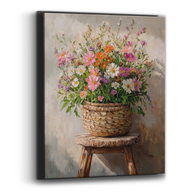 Wildflower Basket Stool Boho Canvas Wall Art