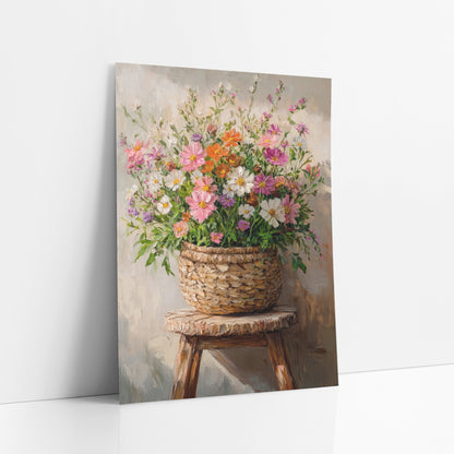 Wildflower Basket Stool Boho art print leaning against a white wall – pink, white and orange wildflowers in a woven basket