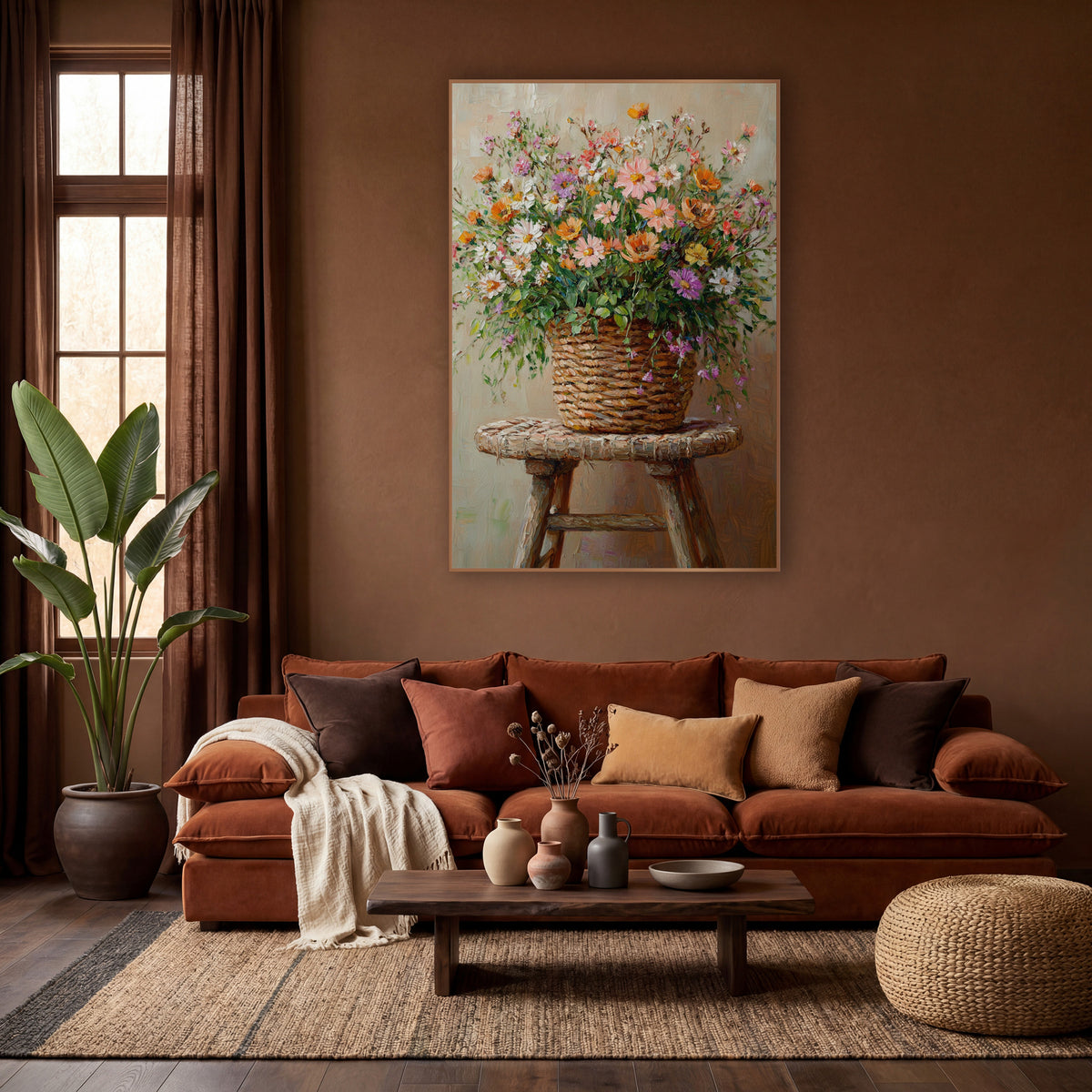 Trailing Meadow Basket Painterly Bouquet wall art in a warm boho-style room – wildflower bouquet in pink, orange