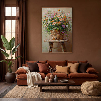 Trailing Meadow Basket Painterly Bouquet wall art in a warm boho-style room – wildflower bouquet in pink, orange