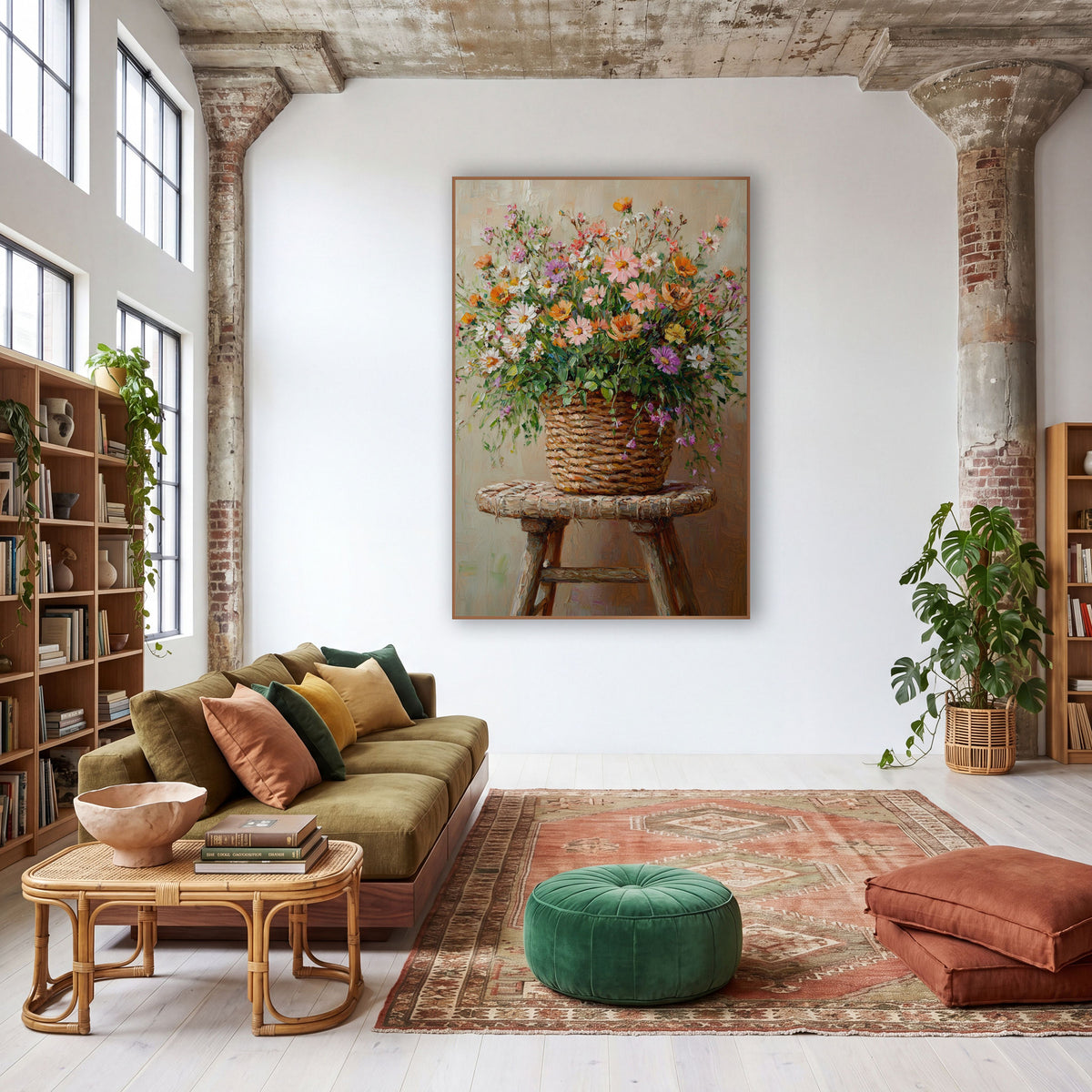 Trailing Meadow Basket Painterly Bouquet wall art in a warm boho-style room – wildflower bouquet in pink, orange