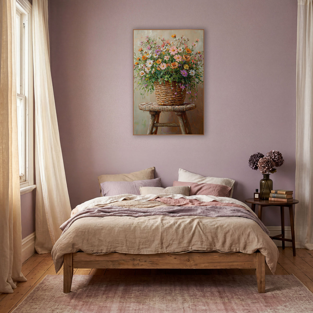 Trailing Meadow Basket Painterly Bouquet wall art in a warm boho-style room – wildflower bouquet in pink, orange
