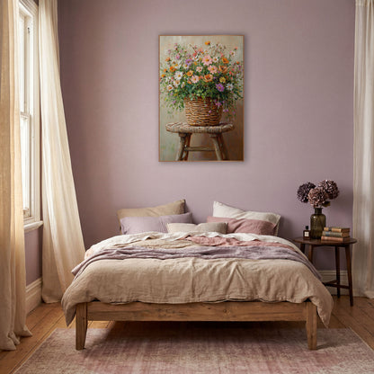 Trailing Meadow Basket Painterly Bouquet wall art in a warm boho-style room – wildflower bouquet in pink, orange