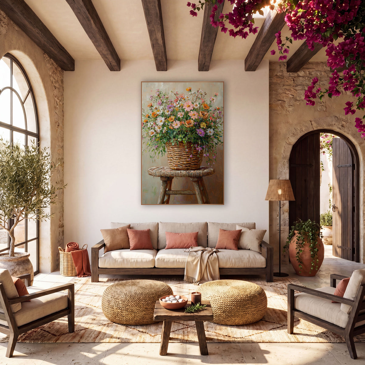 Trailing Meadow Basket Painterly Bouquet wall art in a warm boho-style room – wildflower bouquet in pink, orange