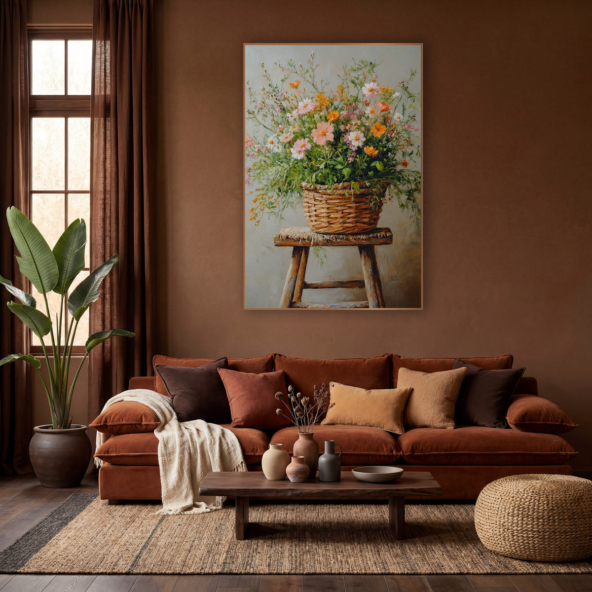 Peach Blossom Basket Soft Pastel Bouquet wall art in a warm boho-style room – wildflower bouquet in pink, orange