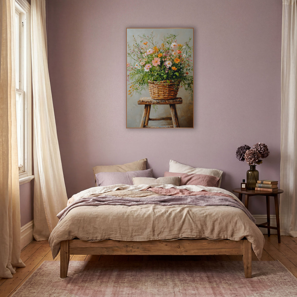Peach Blossom Basket Soft Pastel Bouquet wall art in a warm boho-style room – wildflower bouquet in pink, orange