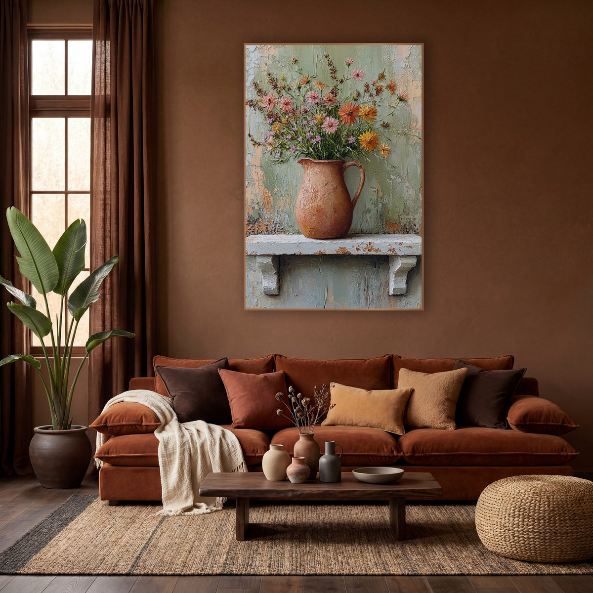 Mint Wall Jug Wildflowers Boho wall art in a warm boho-style room – orange, pink and lavender wildflowers