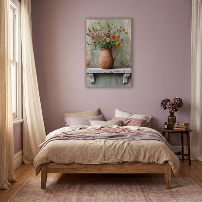 Mint Wall Jug Wildflowers Boho wall art in a warm boho-style room – orange, pink and lavender wildflowers