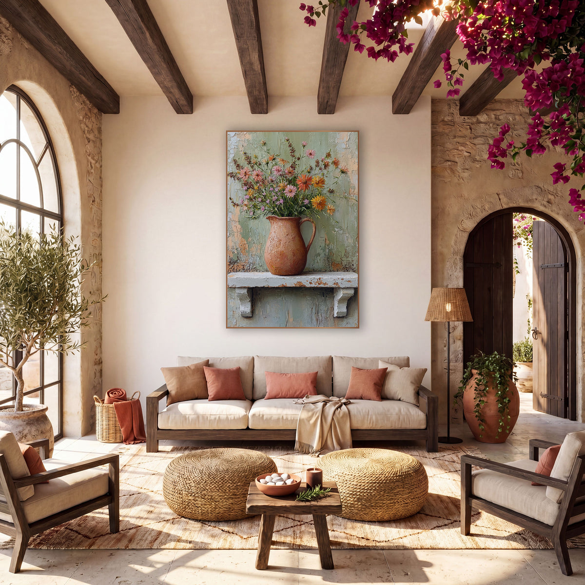 Mint Wall Jug Wildflowers Boho wall art in a warm boho-style room – orange, pink and lavender wildflowers