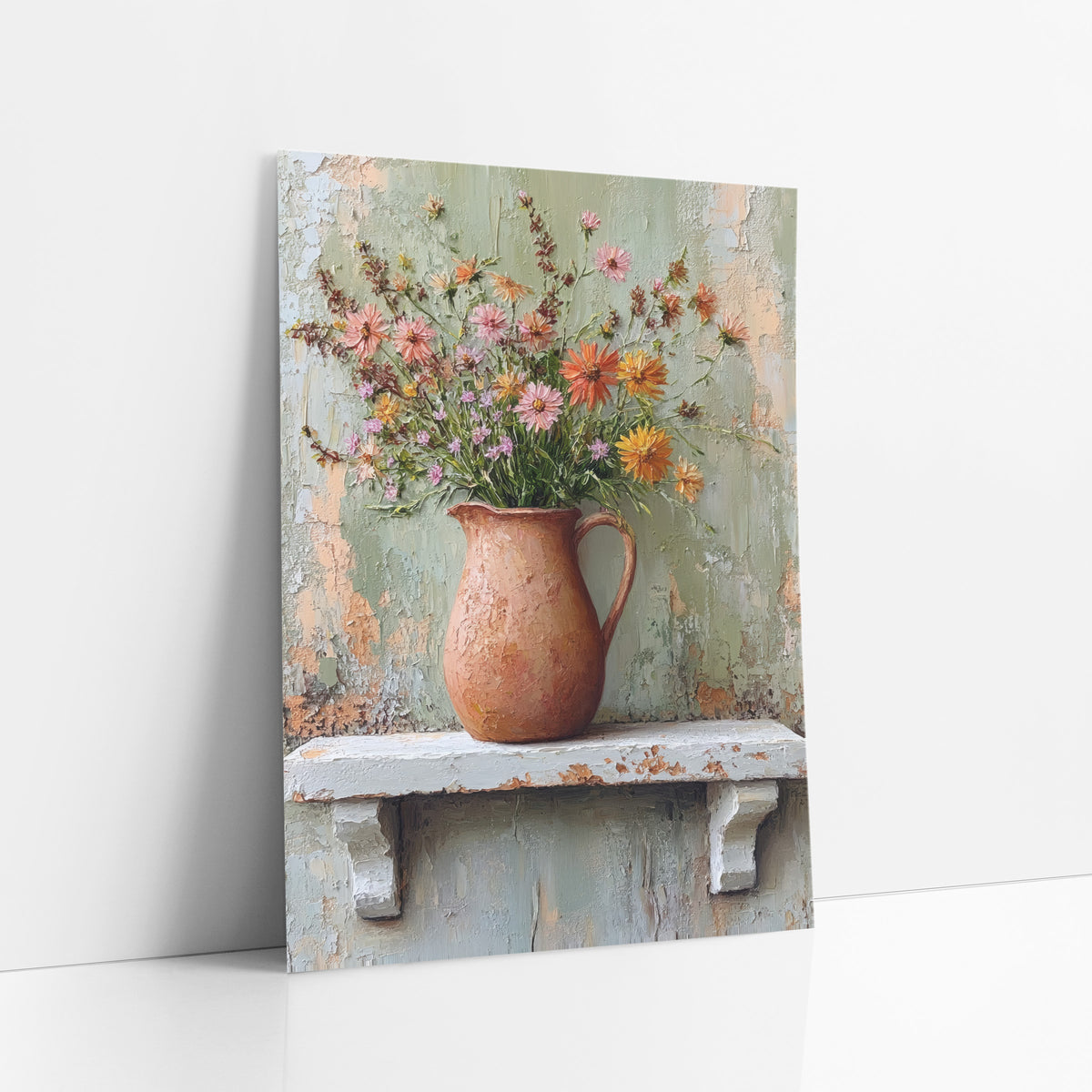 Mint Wall Jug Wildflowers Boho art print leaning against a white wall – orange, pink and lavender wildflowers